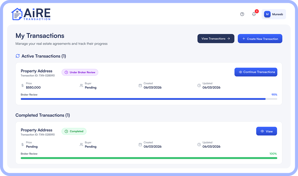 AiRE Transactions platform showing structured contract workspace and version history